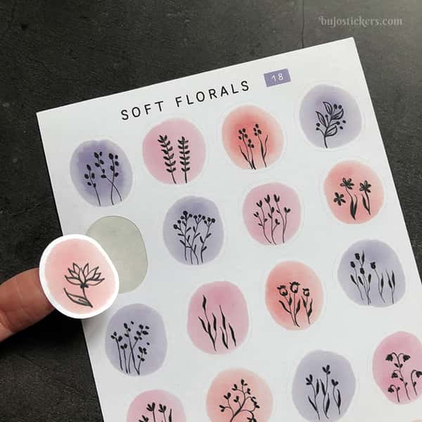 Stickers – Silhuetter av växter och blommor på akvarellcirklar i milda färger