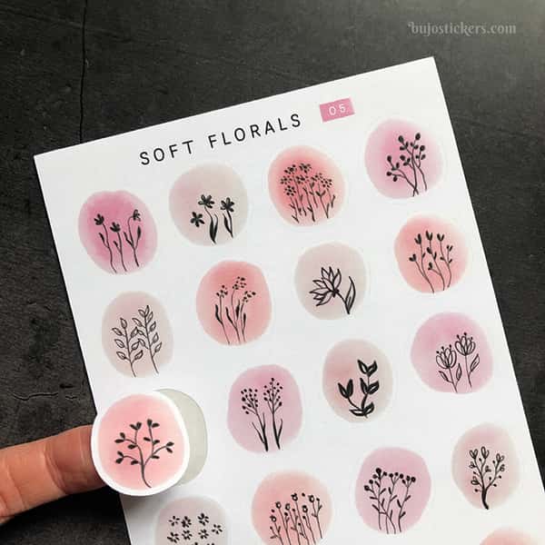 Stickers – Silhuetter av växter och blommor på akvarellcirklar i milda färger