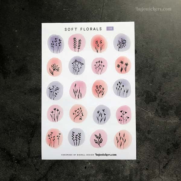 Stickers – Silhuetter av växter och blommor på akvarellcirklar i milda färger
