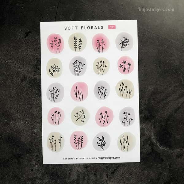 Stickers – Silhuetter av växter och blommor på akvarellcirklar i milda färger