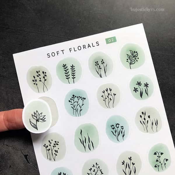 Stickers – Silhuetter av växter och blommor på akvarellcirklar i milda färger