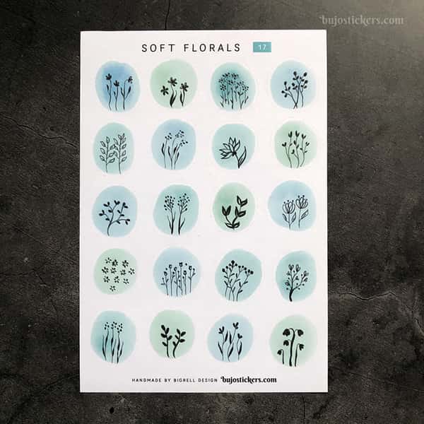 Stickers – Silhuetter av växter och blommor på akvarellcirklar i milda färger