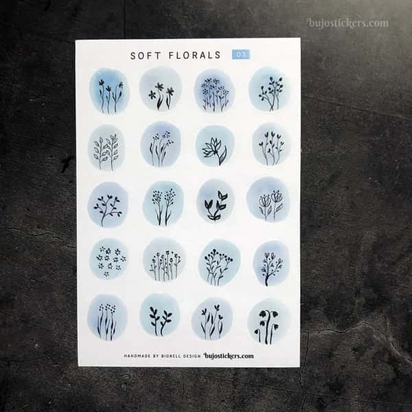 Stickers – Silhuetter av växter och blommor på akvarellcirklar i milda färger