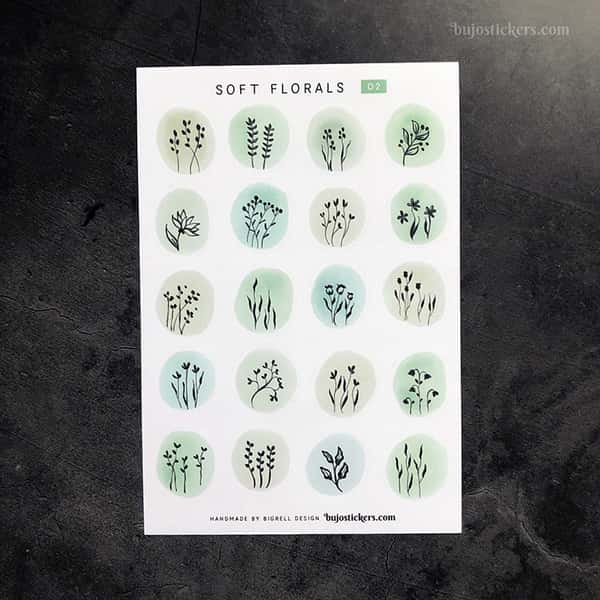 Stickers – Silhuetter av växter och blommor på akvarellcirklar i milda färger