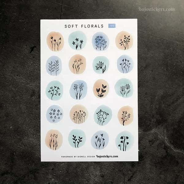 Stickers – Silhuetter av växter och blommor på akvarellcirklar i milda färger