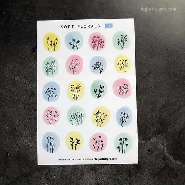 Stickers – Silhuetter av växter och blommor på akvarellcirklar i milda färger
