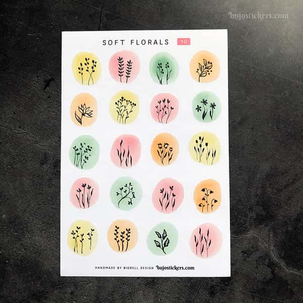 Stickers – Silhuetter av växter och blommor på akvarellcirklar i milda färger