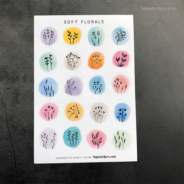 Stickers – Silhuetter av växter och blommor på akvarellcirklar i milda färger
