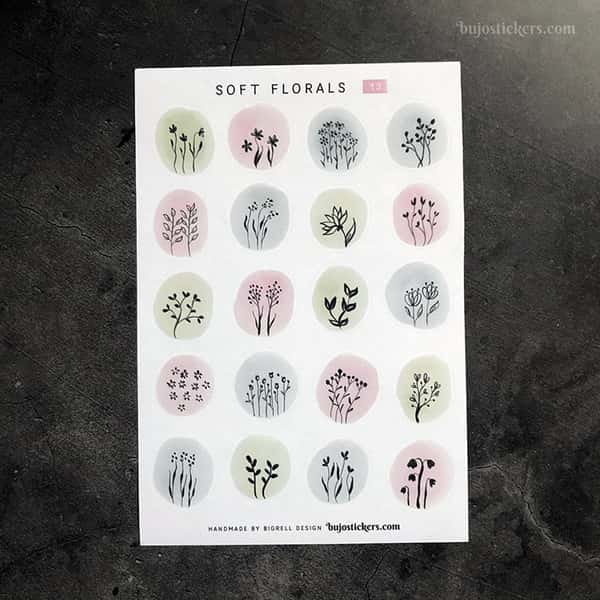 Stickers – Silhuetter av växter och blommor på akvarellcirklar i milda färger