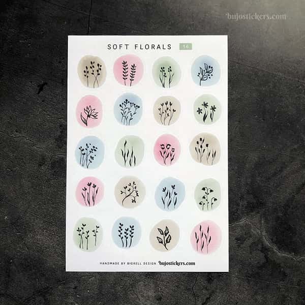 Stickers – Silhuetter av växter och blommor på akvarellcirklar i milda färger