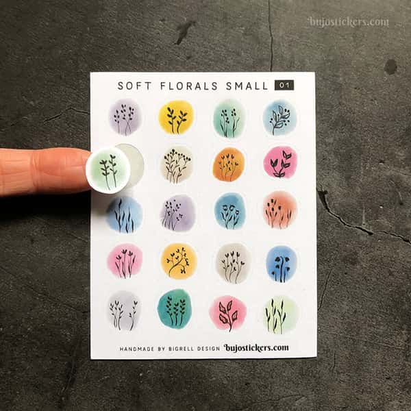 Stickers – Silhuetter av växter och blommor på akvarellcirklar i milda färger