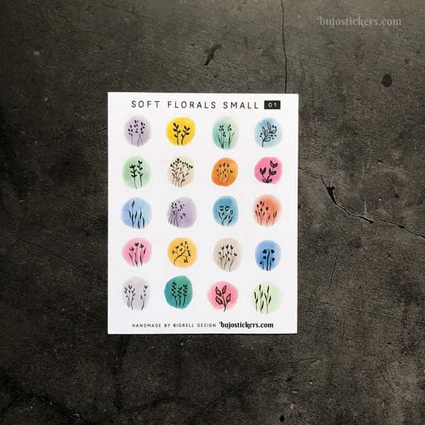 Stickers – Silhuetter av växter och blommor på akvarellcirklar i milda färger