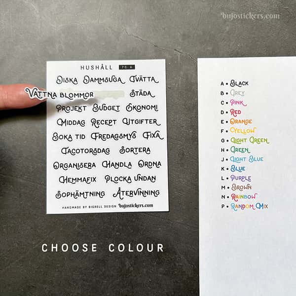 Stickers – Hushåll. Ord. Rubriker för listor.