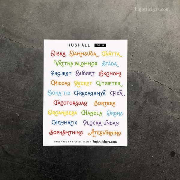 Stickers – Hushåll. Ord. Rubriker för listor. Välj färg!