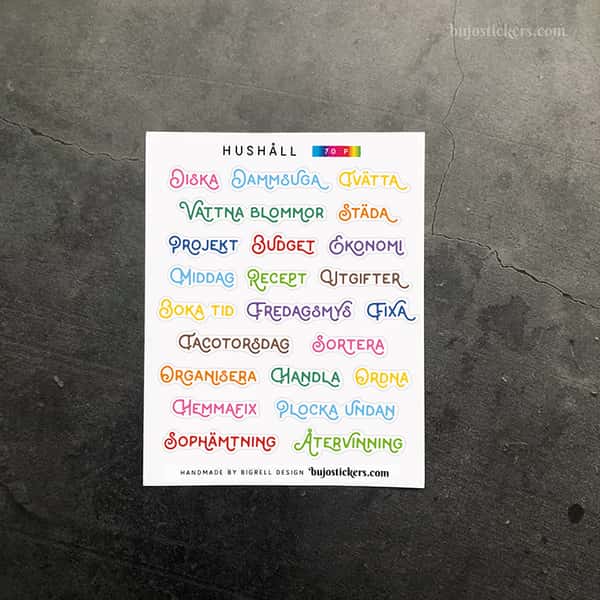 Stickers – Hushåll. Ord. Rubriker för listor. Välj färg!